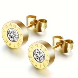 Minimalistic Everyday Roman Numeral Gold Stud Earrings with Sparkling diamond